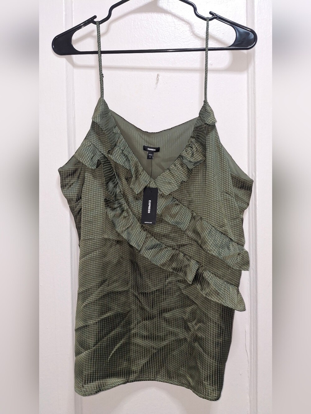 Express XL Olive Polka Dot Ruffle Cami Tank Top $48 Adjustable Straps